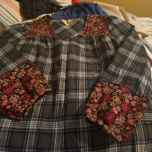 Savanna Jane Blue Plaid Top with Floral Accents